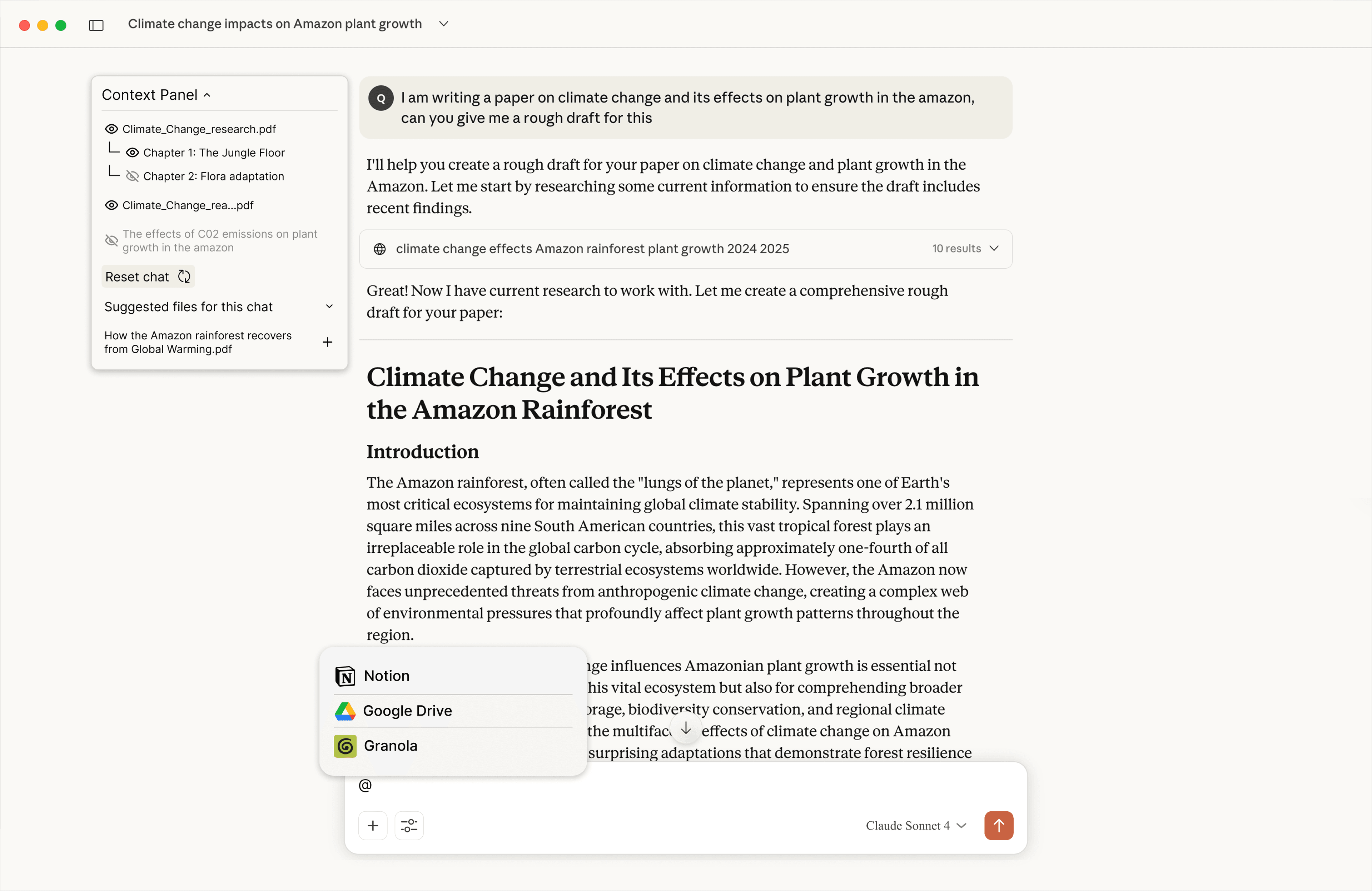 The final feature implementation showing the Context Panel and In-line Commands
